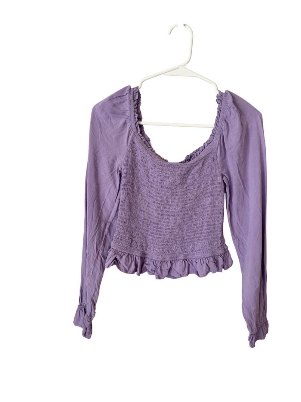 Revamped Purple Smocked Long Sleeve Crop Top Square Neck Ruffle Hem Small